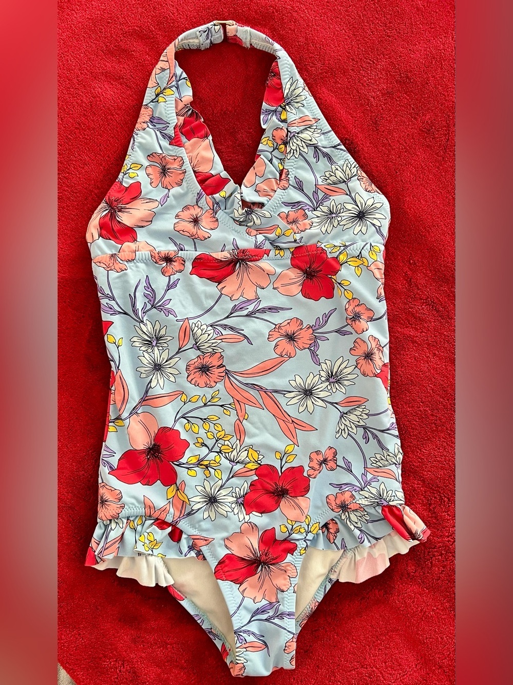 Garnet Hill Kids Floral One Piece Swimsuit Size 8 Halter Ruffle